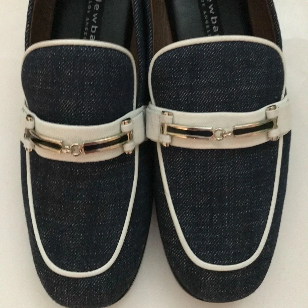 Newbark Melanie White Leather Trimmed Dark Navy Denim Loafers Size 7
